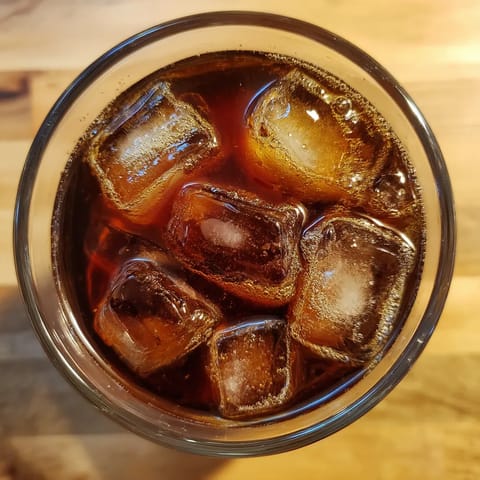 W kielichu złożonym z lodówki, lodówki, lodówki i lodówki, wypełnionych lodami, znajduje się ciemnoczerwony napój. W kielichu jest też lodówka, a w tle widoczne są dwie lodówki.