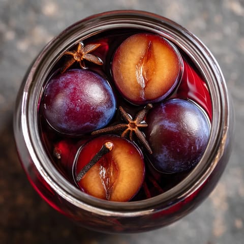 W jarsie z czerwonym napojem wypełnionym plami i warzywami, w tym cukierem i pieprzem, widać pięć plam w różnych pozycjach.