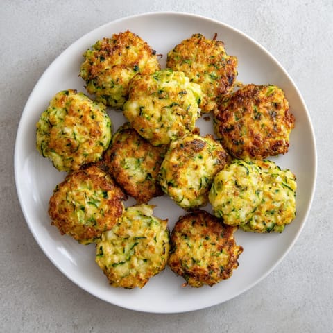 Na tle szarości, na białym talercie, złożonym z kilku kawałków, znajdują się zucchini fritters.