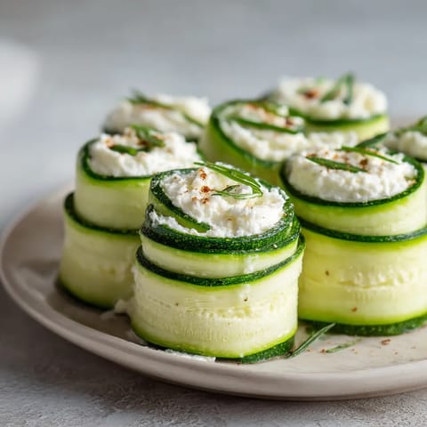 Na tle szarości widać siedem cucumber roll-ups z cream cheese.