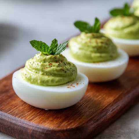 Trzy jajka z moussem ziemniaczanym i liśćmi szpinaku na podstawie.