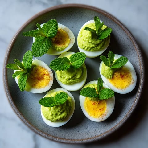 Na tle szarości, widać pięć jajek z moussem ziemniaczanym, wypełnionych mlekiem ziemniaczanym. Każda z jajek jest posypana zielonymi liśćmi, a każdy z nich ma jasnożółty świeżny jajko w środku.
