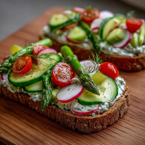 Dwa pełne open-faced rye sandwichy z ziołami wiosennymi, takimi jak cukinia, pomidory, szpinak i pieczarki.