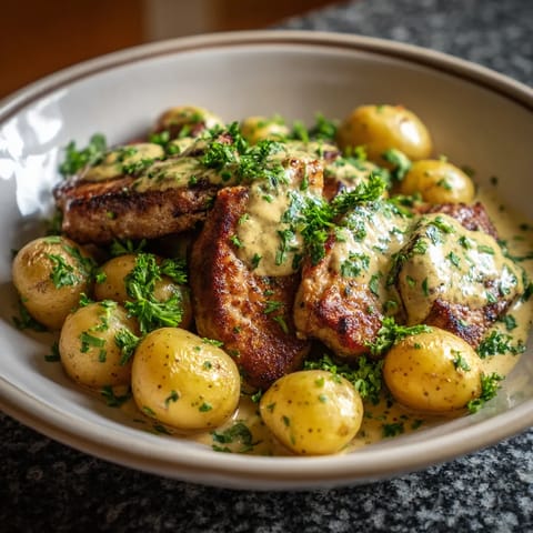 Na tle czarnej podłogi stoi biały talerz zawierający pork cutlets z mustardem i nowymi paprykami.