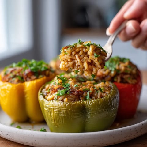 Obraz przedstawia trzy peppers, wypełnione ryżem i herbami.