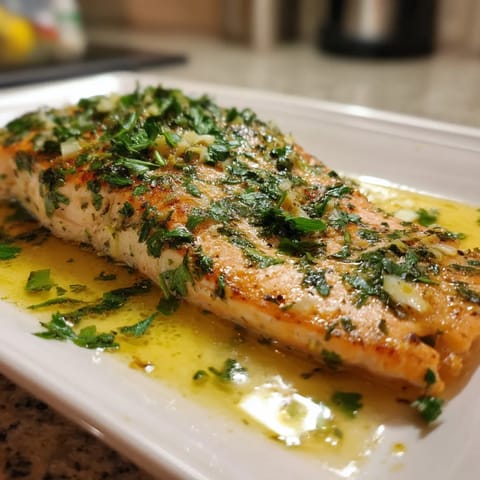 Na tle kuchennym stoi biały talerz z wyjątkowo smaczny i świeży baked trout z dodatkiem limonowego sosu.