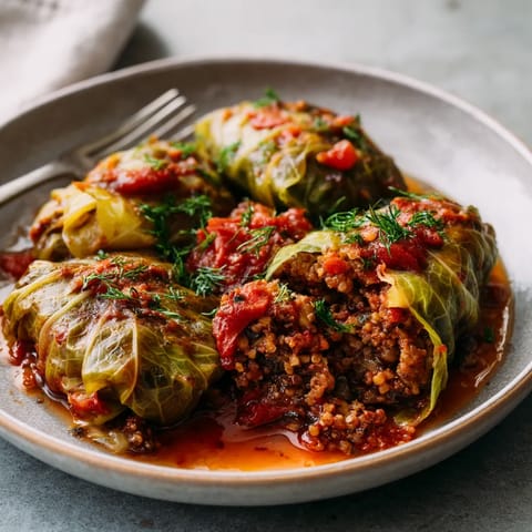 Na tle szarości, na talerzu, siedzą trzy kiełbasiane kawałki ziemniaka, pokryte buckwheatem i mięsem.