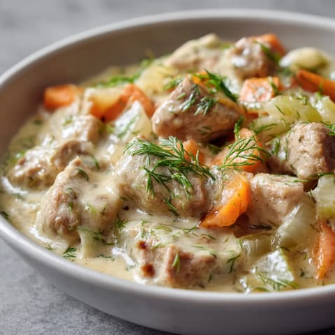 W misce z porkiem, ziołami i sosem, w tym ciemną sosem ziołowym.