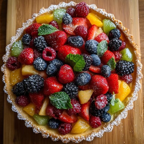 Obraz przedstawia świeżą, wyjątkowo smaczliwą pizzę z owocami letnimi.