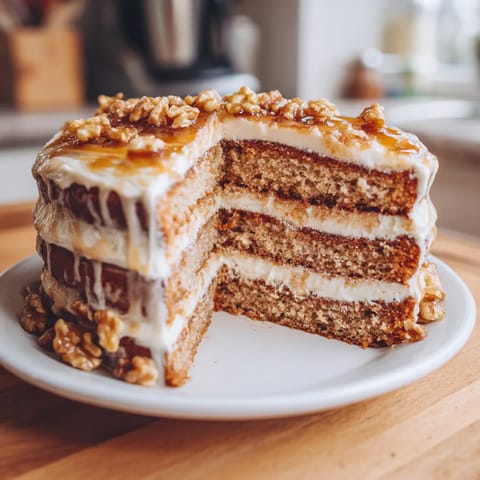 Na tabeli stoi pyszny kawałek torta z owocami, pokryty cukrem.