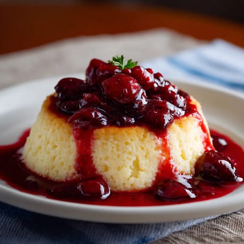 Na tabeli stoi biały talerz z pudingiem na cieście, pokrytym cieście z jagód i cieście z jagód. Puding jest pokryty cieście z jagód, a talerz jest pełen.