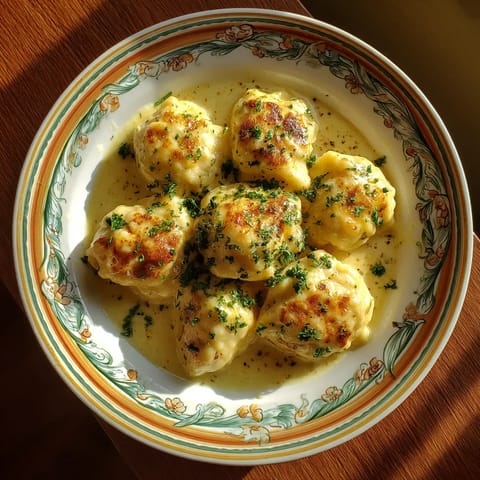 Na tle słoneczny dzień, na talerzu z pięknymi Silesian dumplingami z serem, które są gotowe do podania. Wokół talerza, pięć zróżnicowanych dumplingów, które są gotowe do podania. Wszystkie dumplingi są wygodne i przyciągają uwagę.