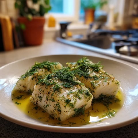 Na tle kuchennym stoi biały talerz z masurianką w oliwie, przykrytą cebulą i ziołami. W kuchni można zauważyć dwie kafle, jedną na lewo i drugą na prawo od talerza. W tle można zauważyć dwie puszkle, jedną na górze i drugą na dole.