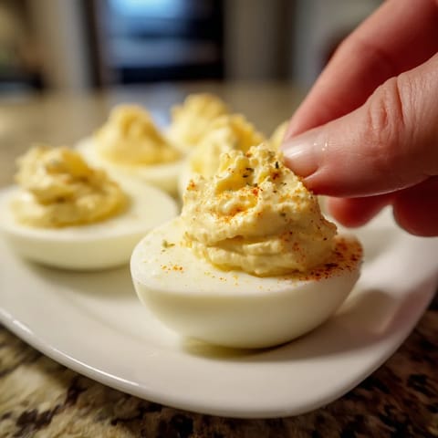 Obraz przedstawia trzy jajka z moussem ziemniaczanym.