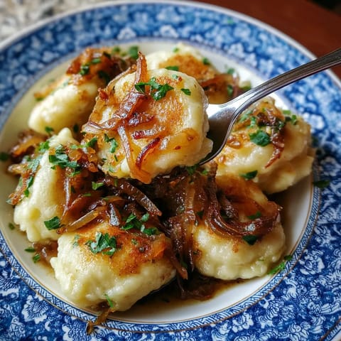 Na tle blaszki stoi pękate z pierogami, które są udekorowane cottage cheese i szpinakiem.