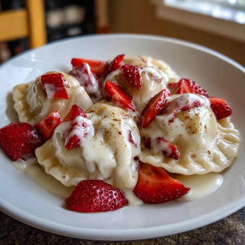Na tle stołu, na białym talercie, stoi paczka z pierogami.