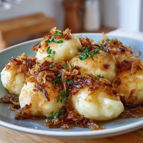 Na tle kantyny stoi biały talerz z potato dumplings.