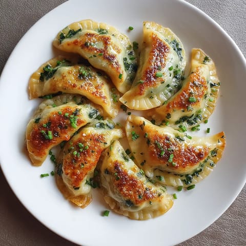 Na tle szarości, na białym talercie, pięć pierogów z spinacją i feta.