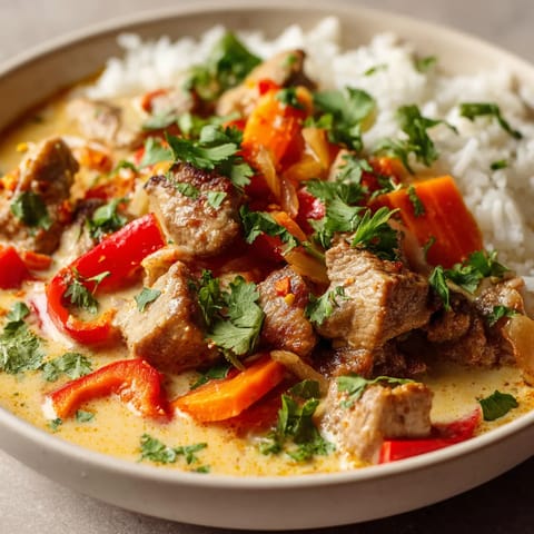 W misce z curry, wieprzowe z mlekiem kokosowym..