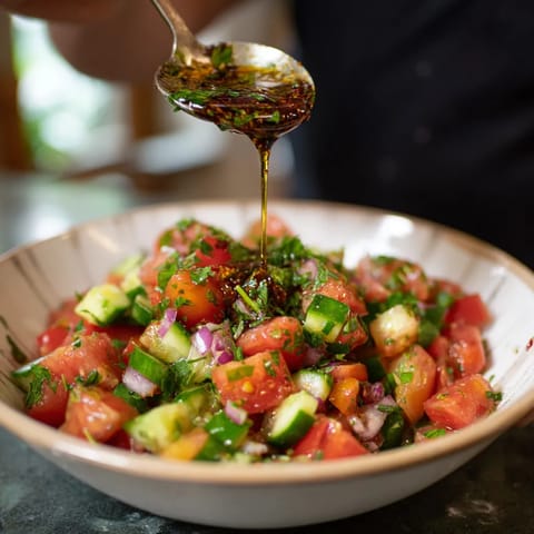 W misce złożonej z różnych składników, takich jak pomidory, cukinia, cynamon i oliwka, wlewana jest oliwka. To ciekawe i smaczne danie.