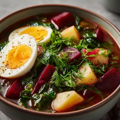 W misce zupy z Botwinki z Jajkiem na Twardo.