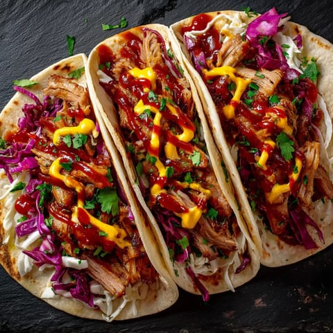 Dwa tacos z kremem spicy mayo, kabaczem i kiełbasiem.