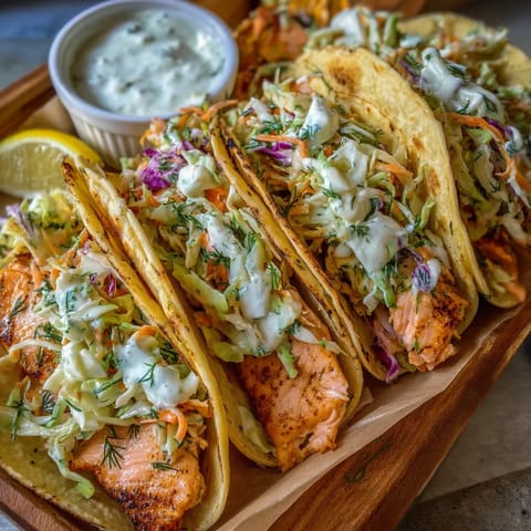 Obraz przedstawia serię grilled trout tacos z dodatkiem sosu z sałaty i kremu horseradisha.