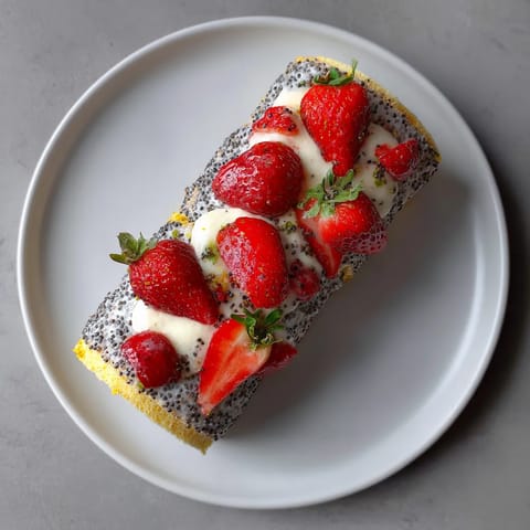 Strawberry-Poppyseed Pavlova Roll with Lemon Mascarpone to ciasto z owocami morelowymi i mascarpone, posypane strawberami i limonem.