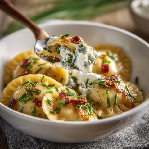 W misce złożonej z pierogów z modernnymi dodatkami, w tym z baconem.