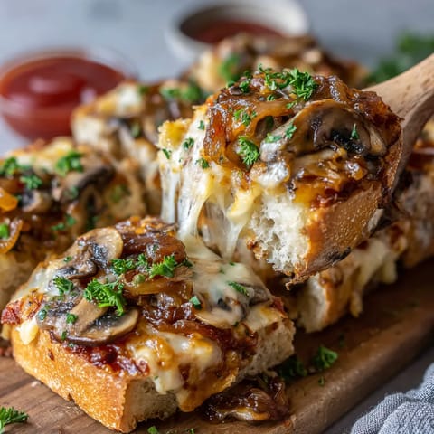 Obraz przedstawia sourdough zapiekankę z dodatkiem pieczarki i cebulki w sosie.