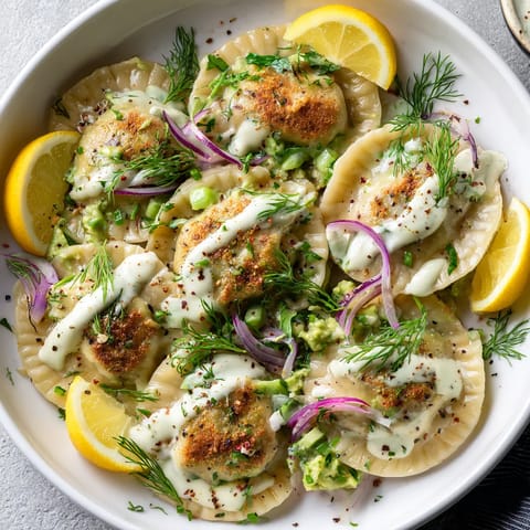 Na tle szarości stoi biały talerz z wyjątkowo smaczny i zdrowy obrazem. Na talerzu są piękne pierogi z buckwheat, avocado i cukierem.
