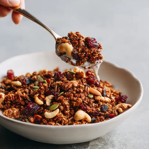 W misce z buckwheat granola, nasiona orzechów i migdałów, w którym dłuta ręka wciąga wodę.