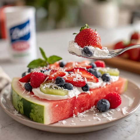 Na tabeli stoi pizza z watermelonem, na której są dodatkowo jabłka i blueberries.