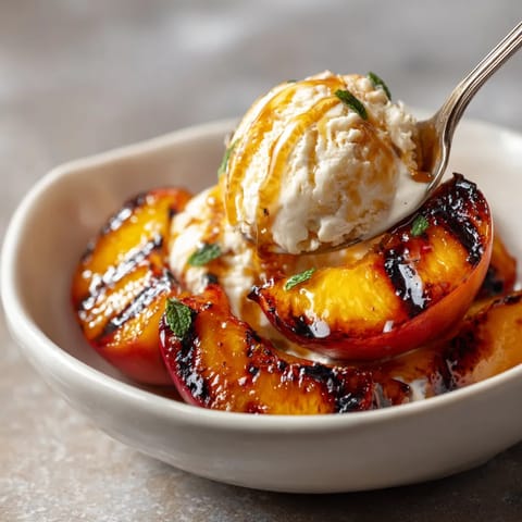 W misce pełnej słodkich grilled peaches z hodyną i śmietanką vanilią.