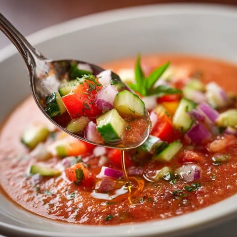 W misce z czerwonym sosem, w której znajduje się wiele cebuli, pomidorów i oliwy, unosi się wonny zapach.