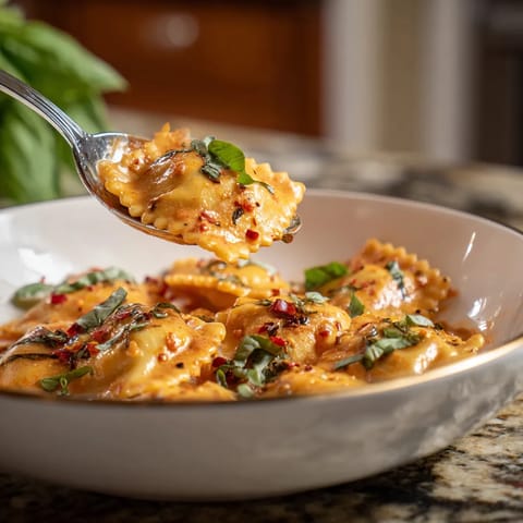 Ravioli z sosem w misce.