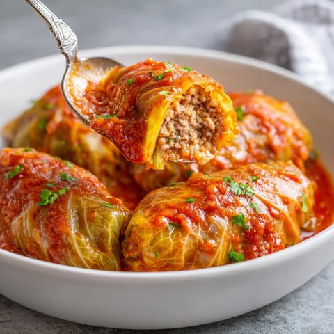 W misce złożone z mięsa i kaszy, wraz z sosem pomidorowym.