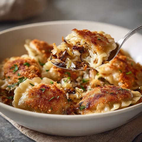 W misce złożonej z pierogów z kapustą kiszoną i grzybami.