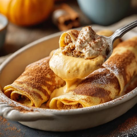 Naleśniki z kaszą manną, cynamonem i musem z dyni są gotowe do zjedzenia.