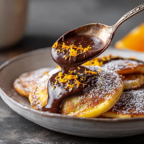 Na talerzu z plackami ziemniaczanymi na słodko, czekoladą i skórką pomarańczową.