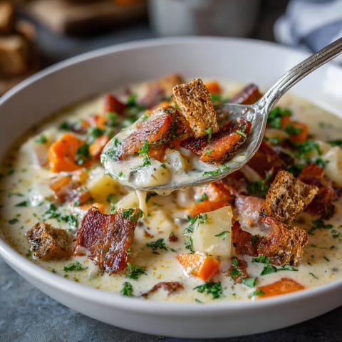 W misce zalewajki kremowej na cydrze z wędzonym boczkiem.