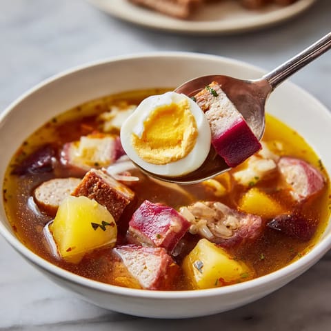 W misce z żurekiem śląskim na chlebie razowym z jajkiem marynowanym w burakach.