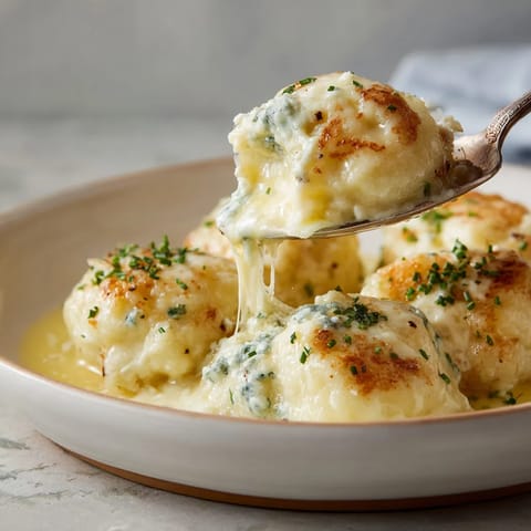 Kluski śląskie z nadzieniem z gorgonzoli i gałką muszkatołową.