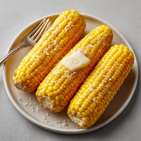 Na talerze z gotowaną kukurydzą, która jest pokryta parzeniem, wraz z buterkiem.
