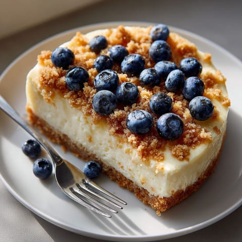 A slice of cake with blueberries on top.