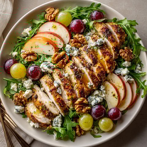 A plate of food with chicken, grapes, apples, and walnuts.