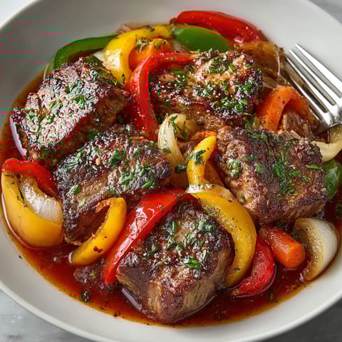 A plate of meat with peppers and onions.