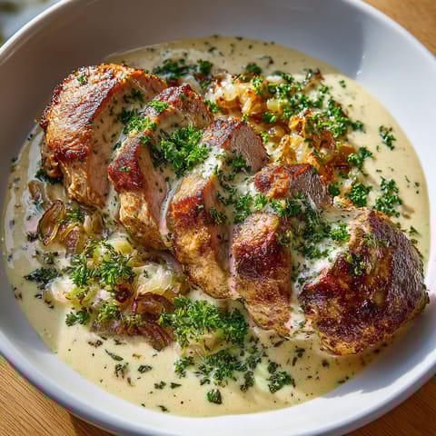 A bowl of meat in a creamy sauce.