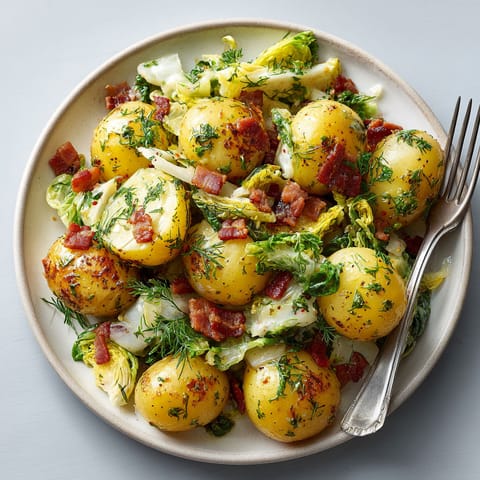 A plate of food with potatoes, lettuce, and bacon.
