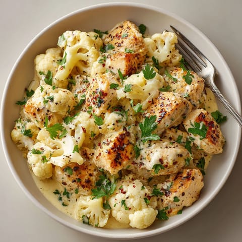 A bowl of food with chicken, cauliflower, and broccoli.